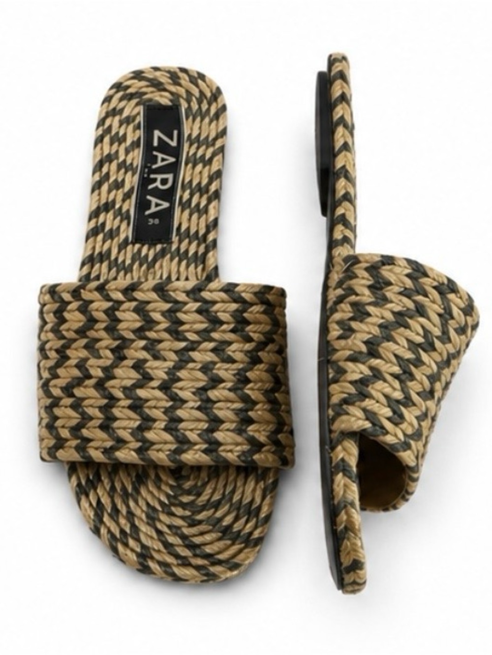 Zara Black and Natural Woven Braided Slide Sandals 6.5 - Picture 4 of 7